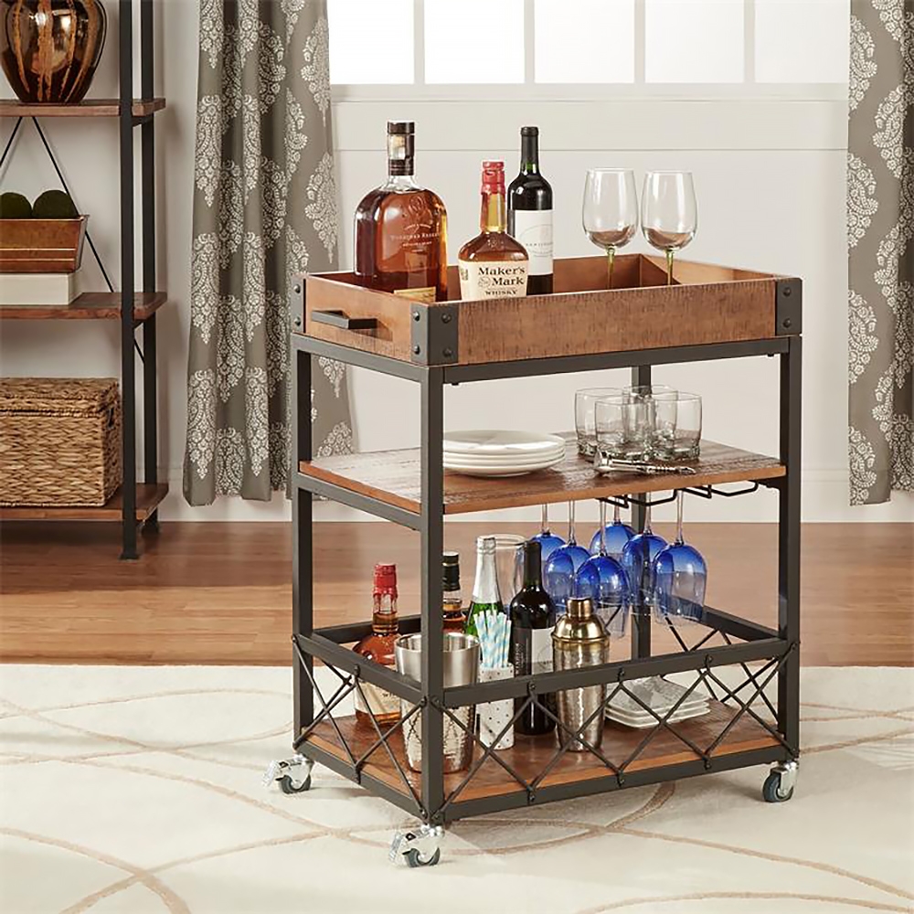 Vintage 23.6" 3-Tier Rolling Bar Cart Glasses Holder with Handle Black Metal & Wood window image