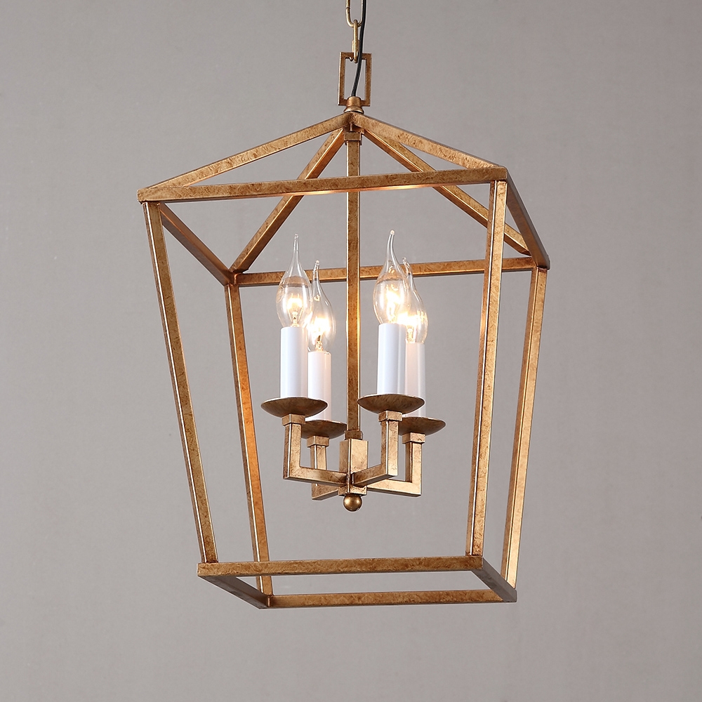 Vintage Geometric Cage Frame 4 Candle Light Kitchen Foyer Pendant Light in Brass Finish window image