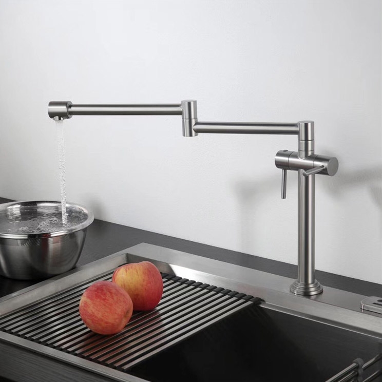 Contemporary Deck Mount Pot Filler Kitchen Faucet Retractable in Brushed Nickel Solid Brass window image
