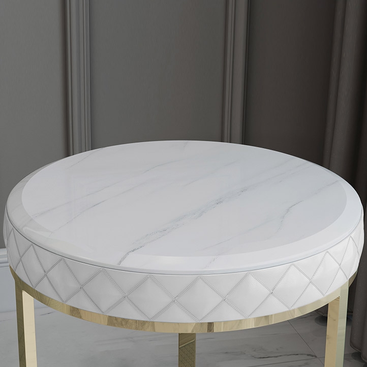 White Round Faux Marble Side Table with Storage PU Leather Gold Finish window image