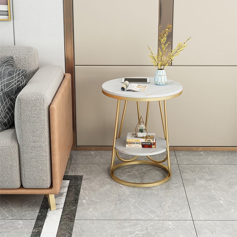Black Round Sintered Stone Side Table with Shelf in Gold Finish window image