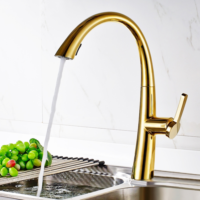 Modern Single Handle Rotatable 1-Hole Pull Out Kitchen Faucet with Dual-Function Spray Solid Brass in Gold window image