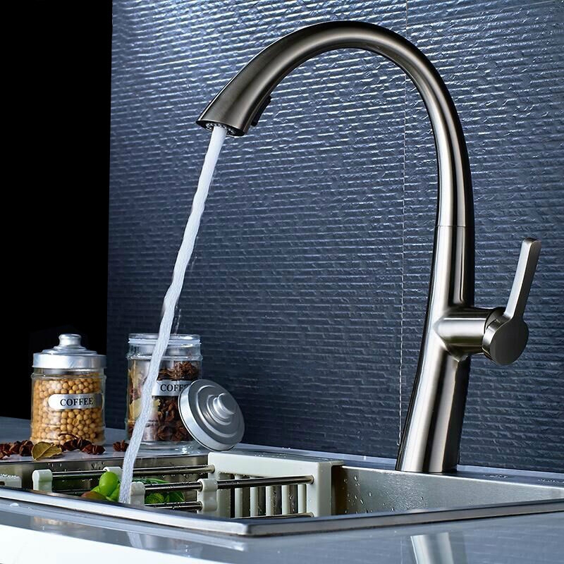 Single Handle Rotatable 1-Hole Pull Out Kitchen Faucet with Dual-Function Spray Solid Brass in Brushed Nickel window image