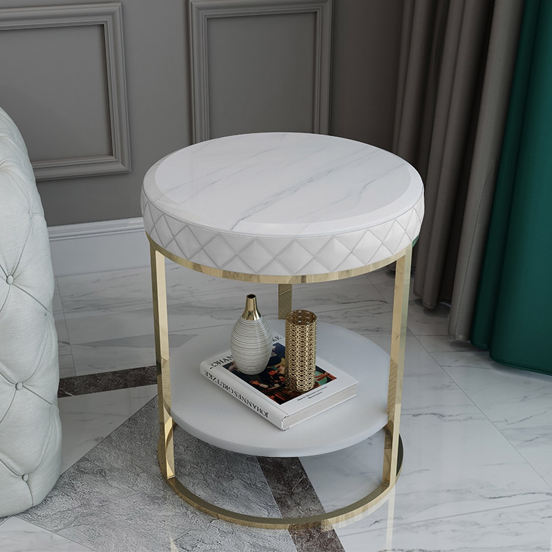White Round Faux Marble Side Table with Storage PU Leather Gold Finish window image