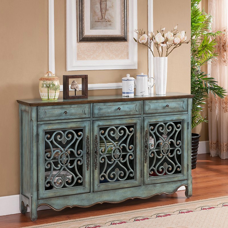 Farmhouse Distressed Blue 3 Door Accent Cabinet with Drawers & Storage Shelves Buffet Sideboard Solid Wood window image