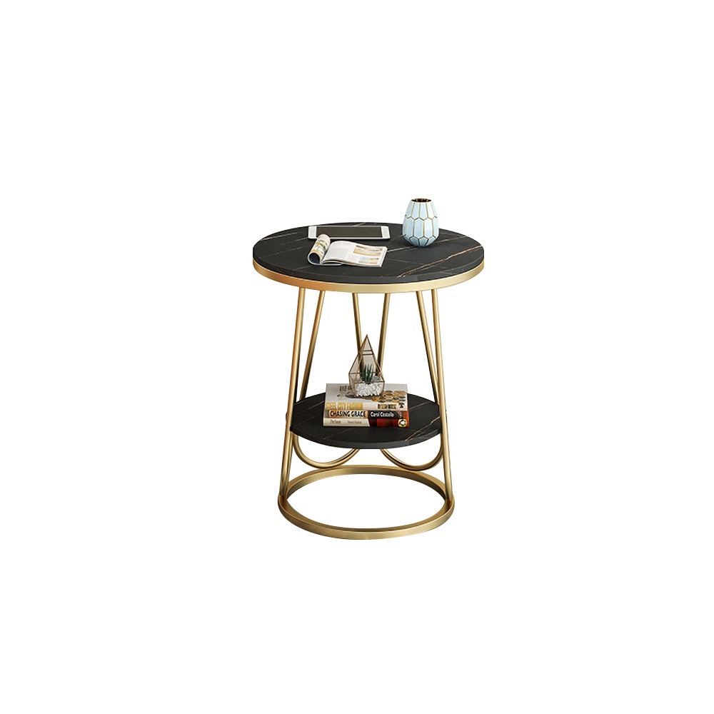 Black Round Sintered Stone Side Table with Shelf in Gold Finish window image