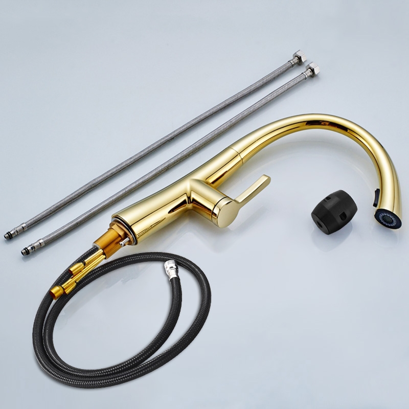 Modern Single Handle Rotatable 1-Hole Pull Out Kitchen Faucet with Dual-Function Spray Solid Brass in Gold window image