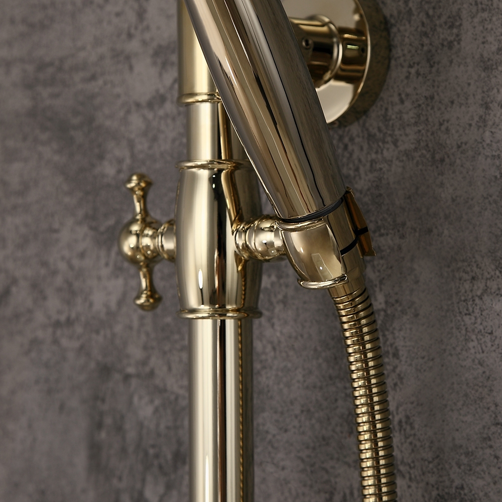 Pommeau de douche à effet pluie et mitigeur de douche à main rond et poignée croisée en laiton massif doré image de fenêtre