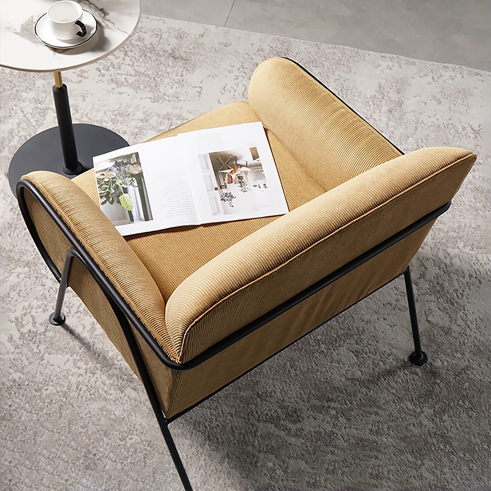 Yellow Upholstered Corduroy Accent Chair Modern Arm Chair Metal in Black window image