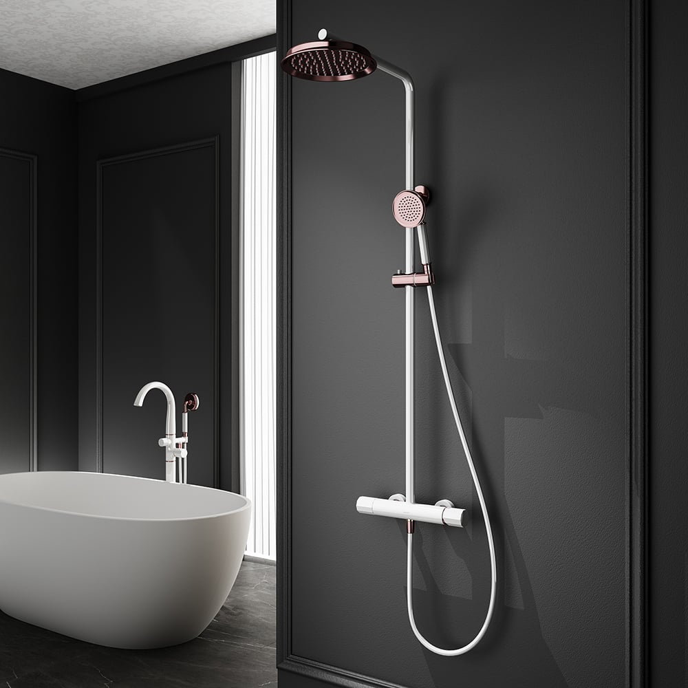 Classic Bathroom Exposed Rainfall Shower Set with Hand Shower White & Rose Gold window image