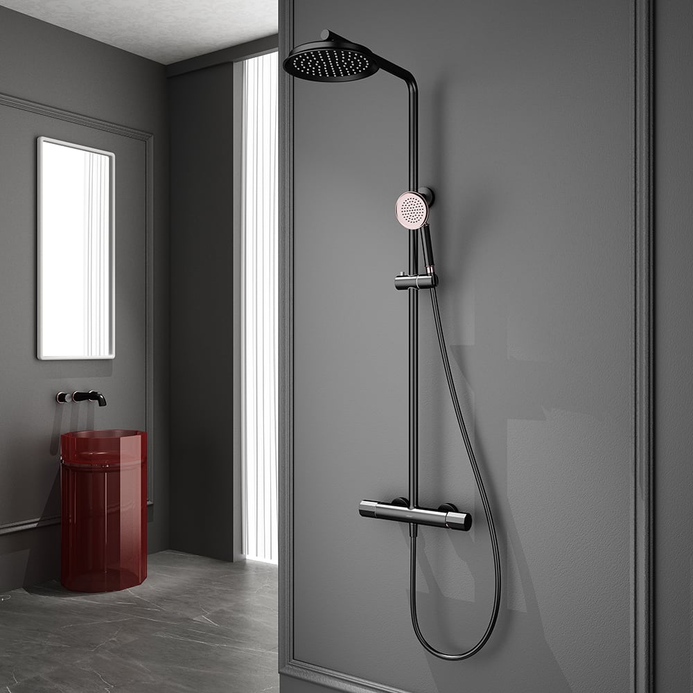 Classic Bathroom Exposed Rainfall Shower Set with Hand Shower Black & Rose Gold window image