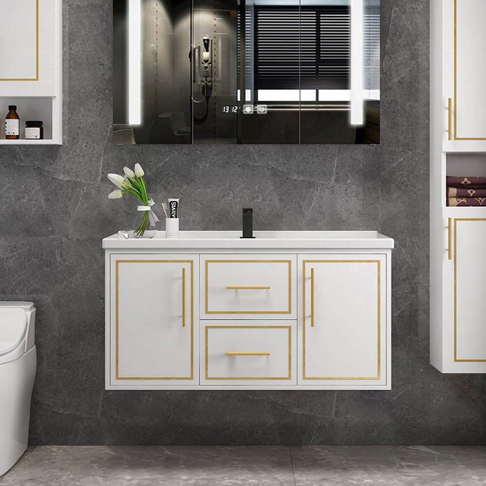 Tocador de baño flotante blanco moderno de 1010mm Lavabo de cerámica integral con cajones de puertas Imagen de ventana