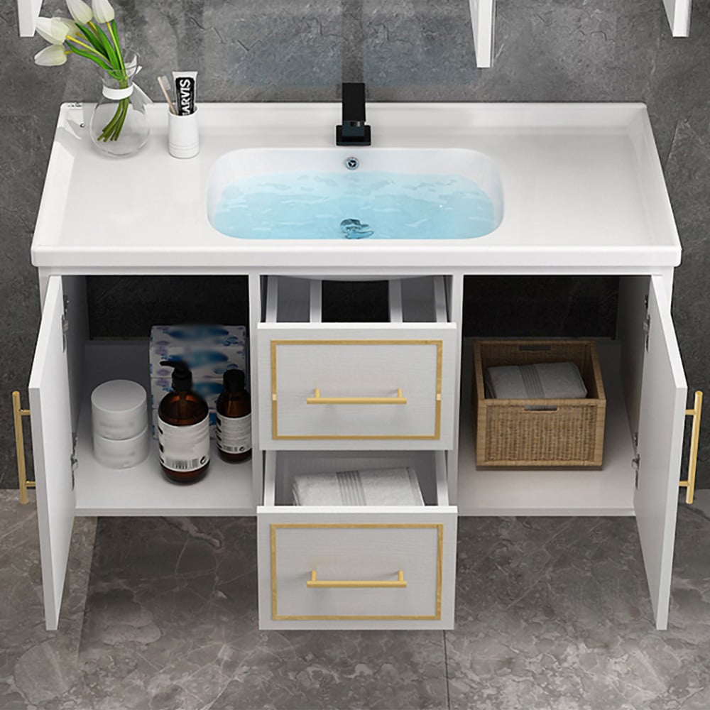Tocador de baño flotante blanco moderno de 1010mm Lavabo de cerámica integral con cajones de puertas Imagen de ventana