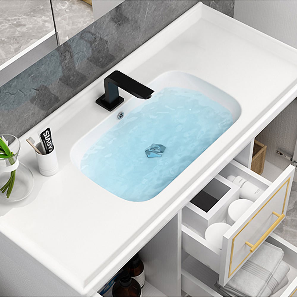 Tocador de baño flotante blanco moderno de 1010mm Lavabo de cerámica integral con cajones de puertas Imagen de ventana