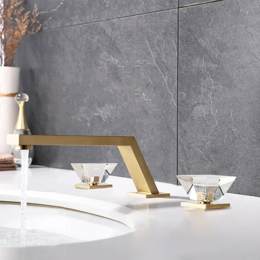 Widespread Bathroom Sink Faucet with Double Crystal Knobs in Brushed Gold window image