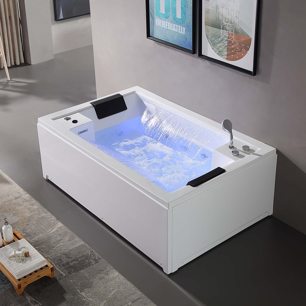 73" Modern Rectangular LED Acrylic Air Whirlpool Jetted&Two Side Waterfall Bathtub