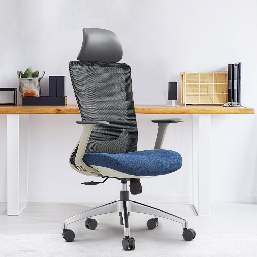 Modern Blue Mesh Office Chair with Swivel & Adjustable Height Back window image