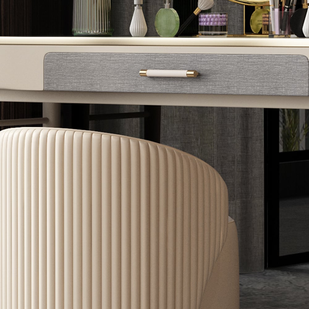 Beige Makeup Vanity Set Sintered Stone Top Dressing Table with PU Leather Seat window image