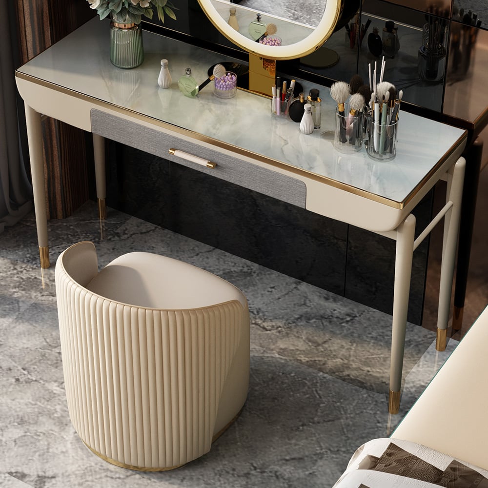 Beige Makeup Vanity Set Sintered Stone Top Dressing Table with PU Leather Seat window image