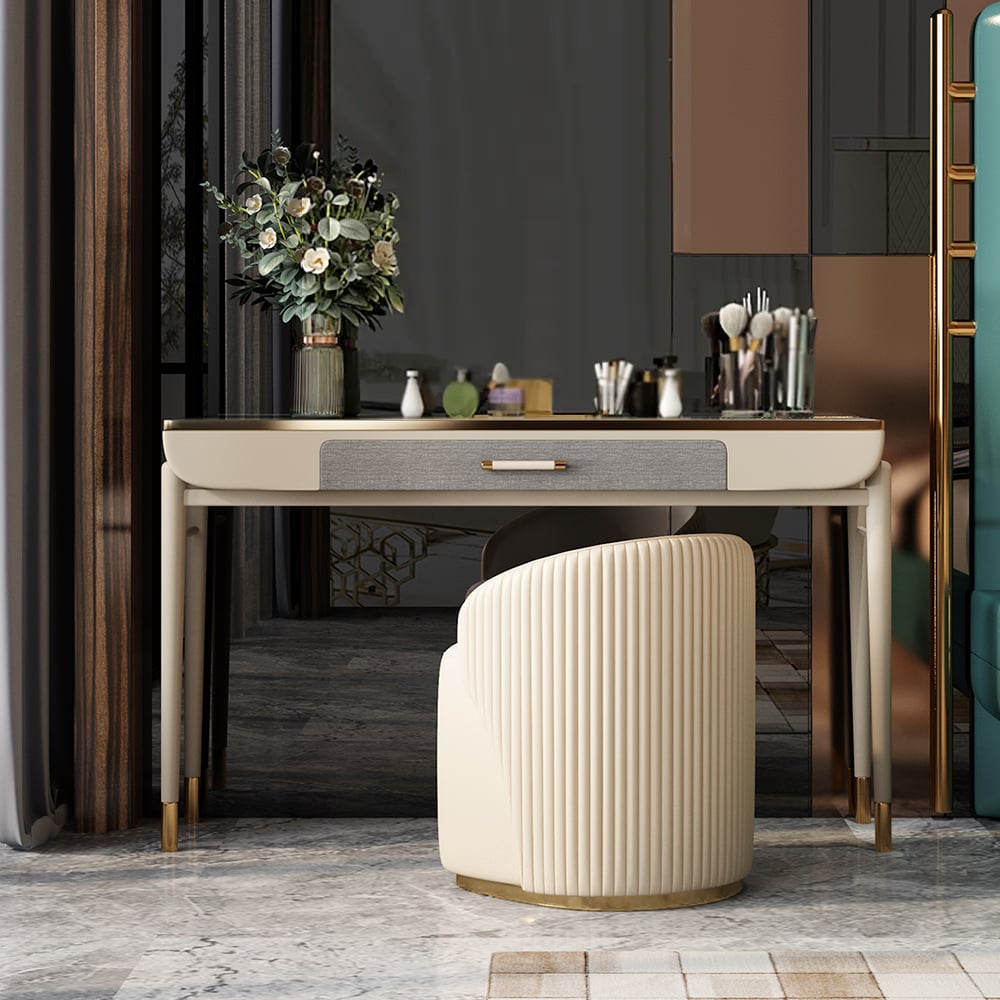 Beige Makeup Vanity Set Sintered Stone Top Dressing Table with PU Leather Seat window image