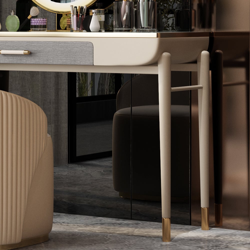 Beige Makeup Vanity Set Sintered Stone Top Dressing Table with PU Leather Seat window image