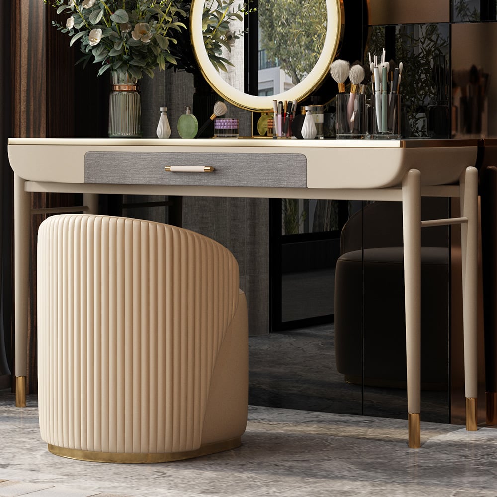 Beige Makeup Vanity Set Sintered Stone Top Dressing Table with PU Leather Seat window image