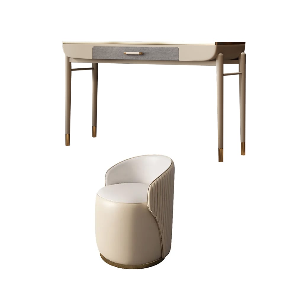 Beige Makeup Vanity Set Sintered Stone Top Dressing Table with PU Leather Seat window image