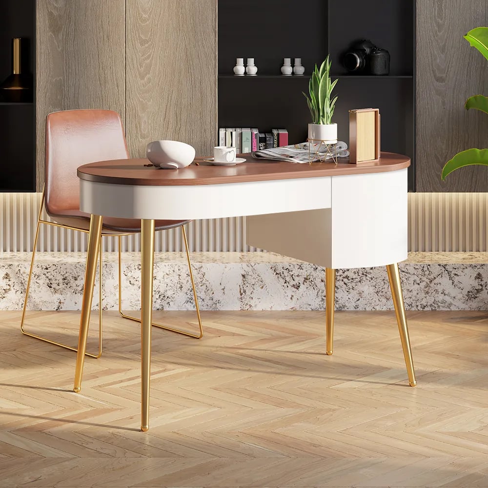 Modern White & Gold Curved Office Desk Computer Desk with Shelf & Storage window image