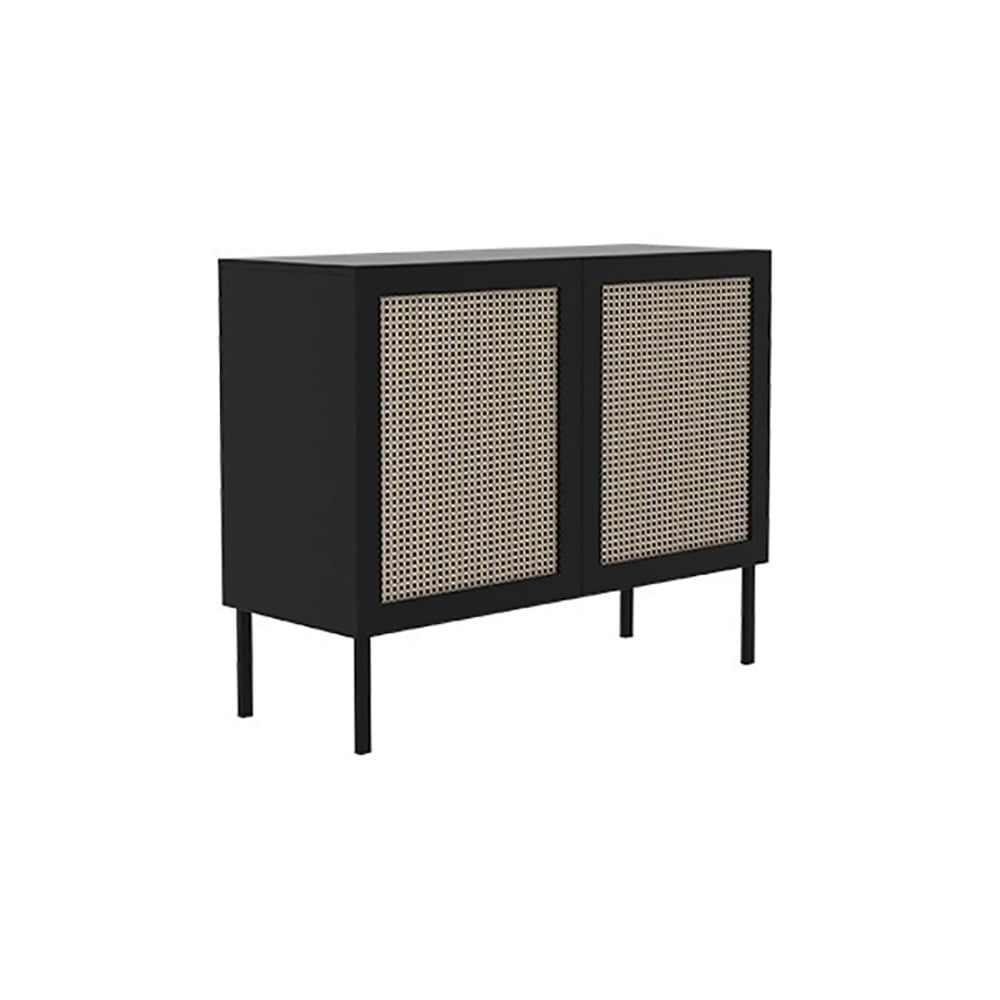 Nordic Black Cabinet with 2 Doors 2 Shelves Rattan Woven window image