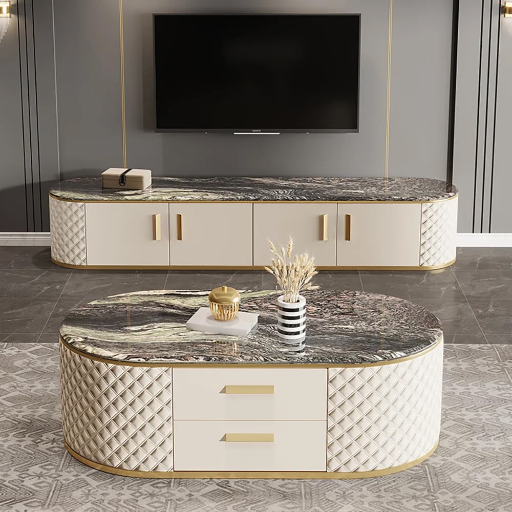 Ensemble de 2 tables de rangement contemporaines en marbre blanc cassé et meuble TV image de fenêtre