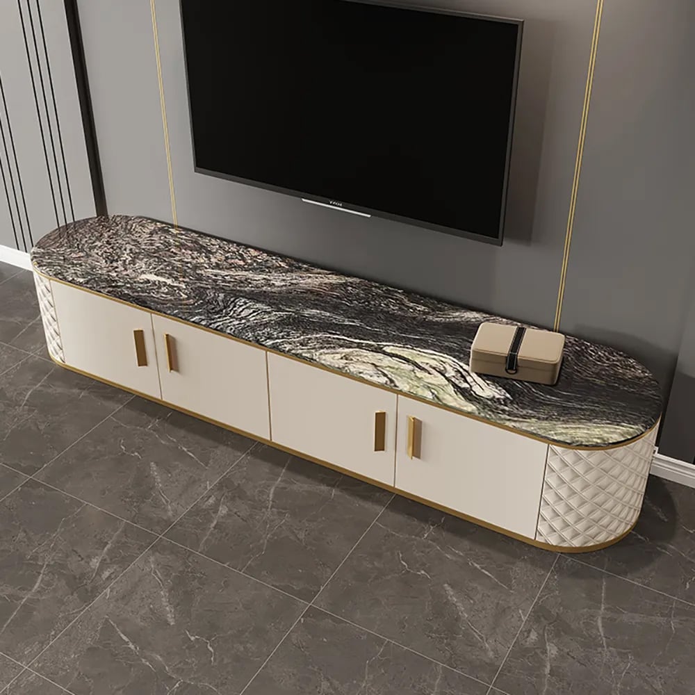 Ensemble de 2 tables de rangement contemporaines en marbre blanc cassé et meuble TV image de fenêtre