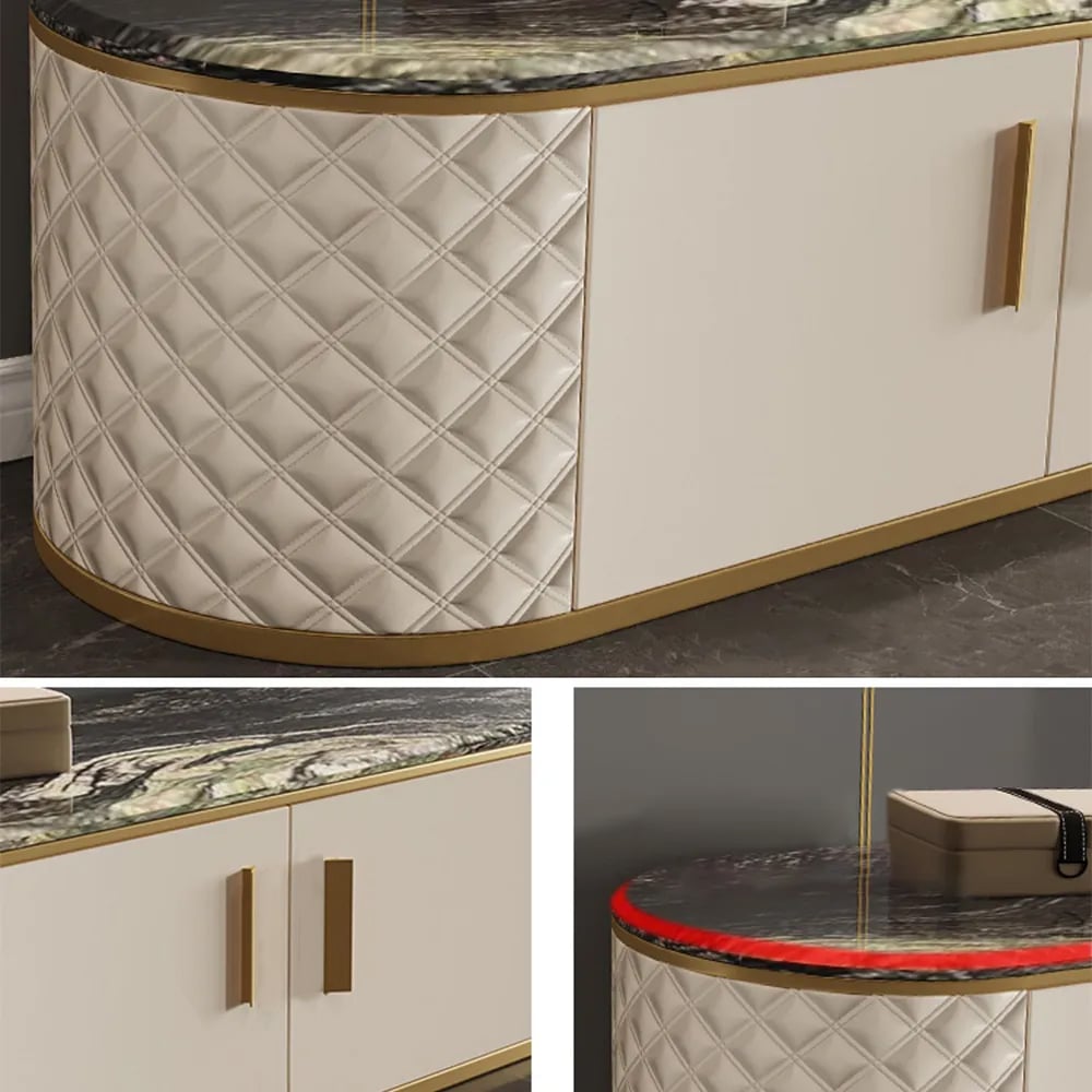 Ensemble de 2 tables de rangement contemporaines en marbre blanc cassé et meuble TV image de fenêtre