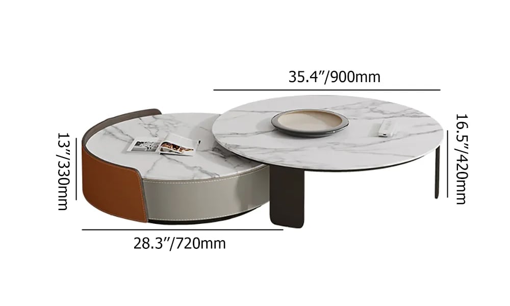 Modern Round Orange & Gray 2-Piece Sintered Stone Top Nesting Coffee Table Set weights dimensions image