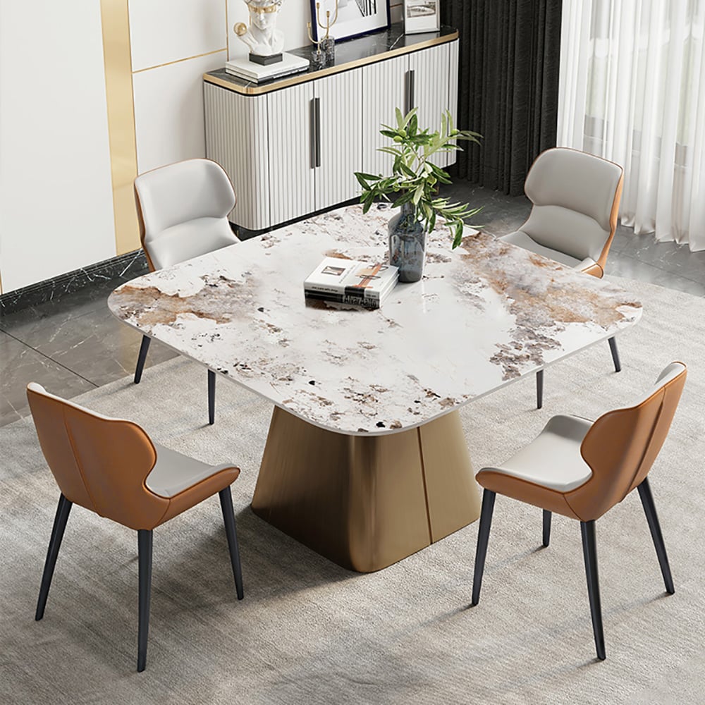 5-Piece Square Sintered Stone-Top Pedestal Dining Table with 4 PU Leather Dining Chair window image