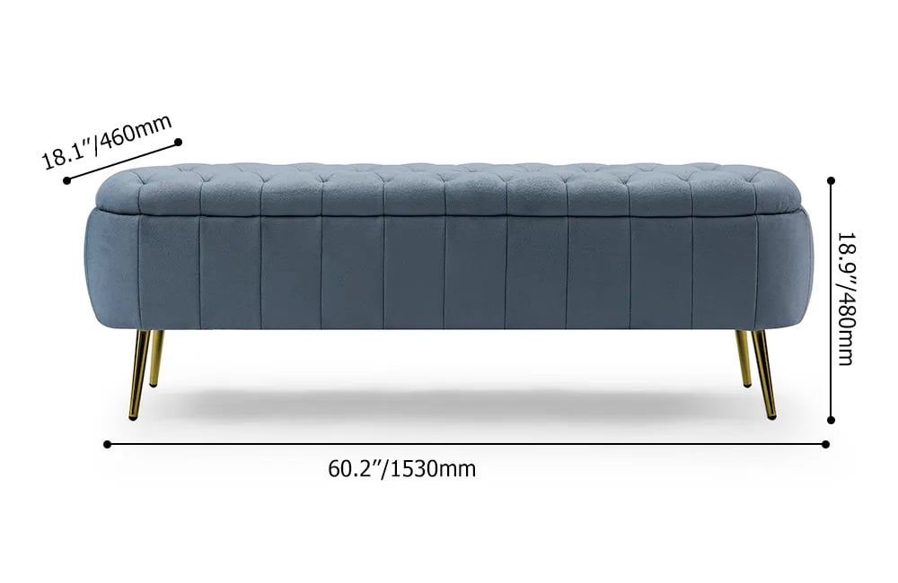 Nordic 1530mm Fabric Tufted Bench with Gold Metal Legs in Blue Upholstered weights dimensions image