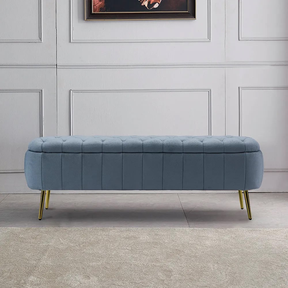 Nordic 1530mm Fabric Tufted Bench with Gold Metal Legs in Blue Upholstered window image