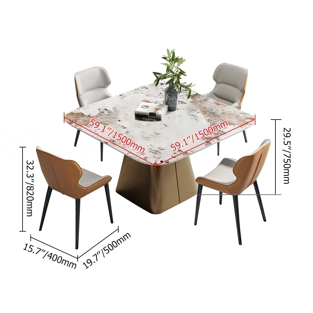 5-Piece 59.1" Square Sintered Stone-Top Pedestal Dining Table Hourglass-Shaped Base weights dimensions image