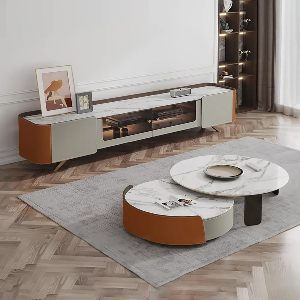 Modern Round Orange & Gray 2-Piece Sintered Stone Top Nesting Coffee Table Set window image