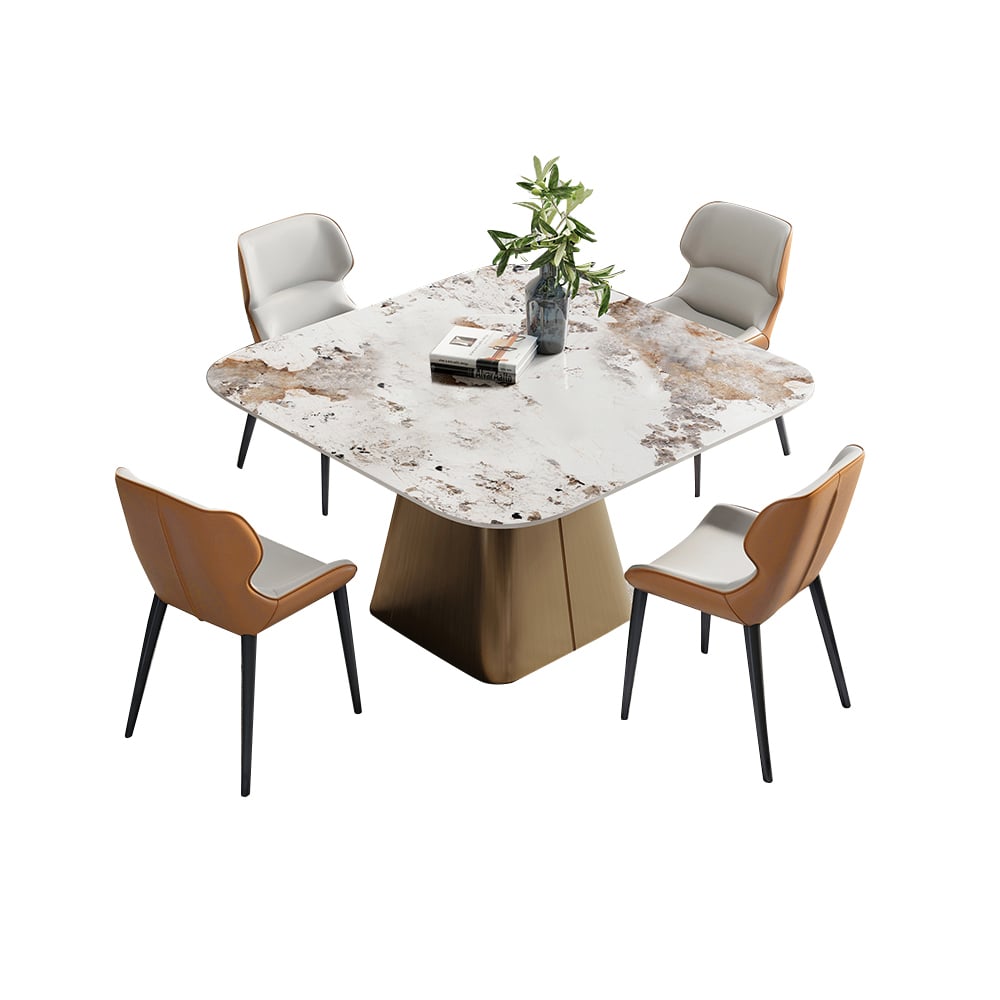 5-Piece Square Sintered Stone-Top Pedestal Dining Table with 4 PU Leather Dining Chair window image