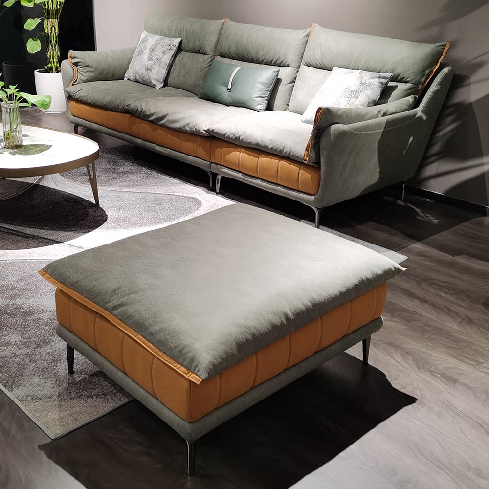 Sofa sectionnel moderne 2 pièces avec tabouret, revêtement en cuir gris image de fenêtre