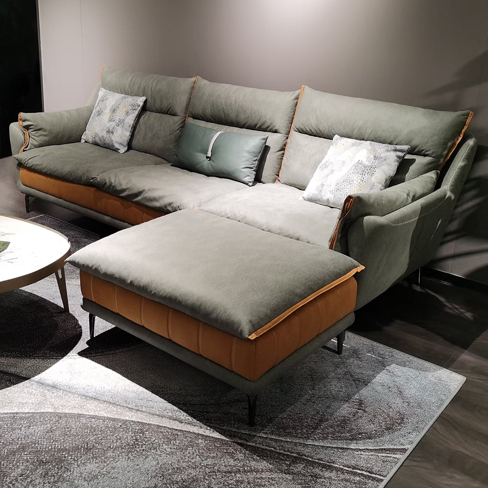 Sofa sectionnel moderne 2 pièces avec tabouret, revêtement en cuir gris image de fenêtre