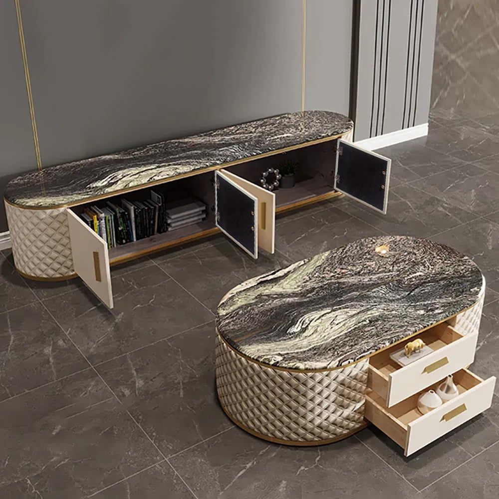 Ensemble de 2 tables de rangement contemporaines en marbre blanc cassé et meuble TV image de fenêtre