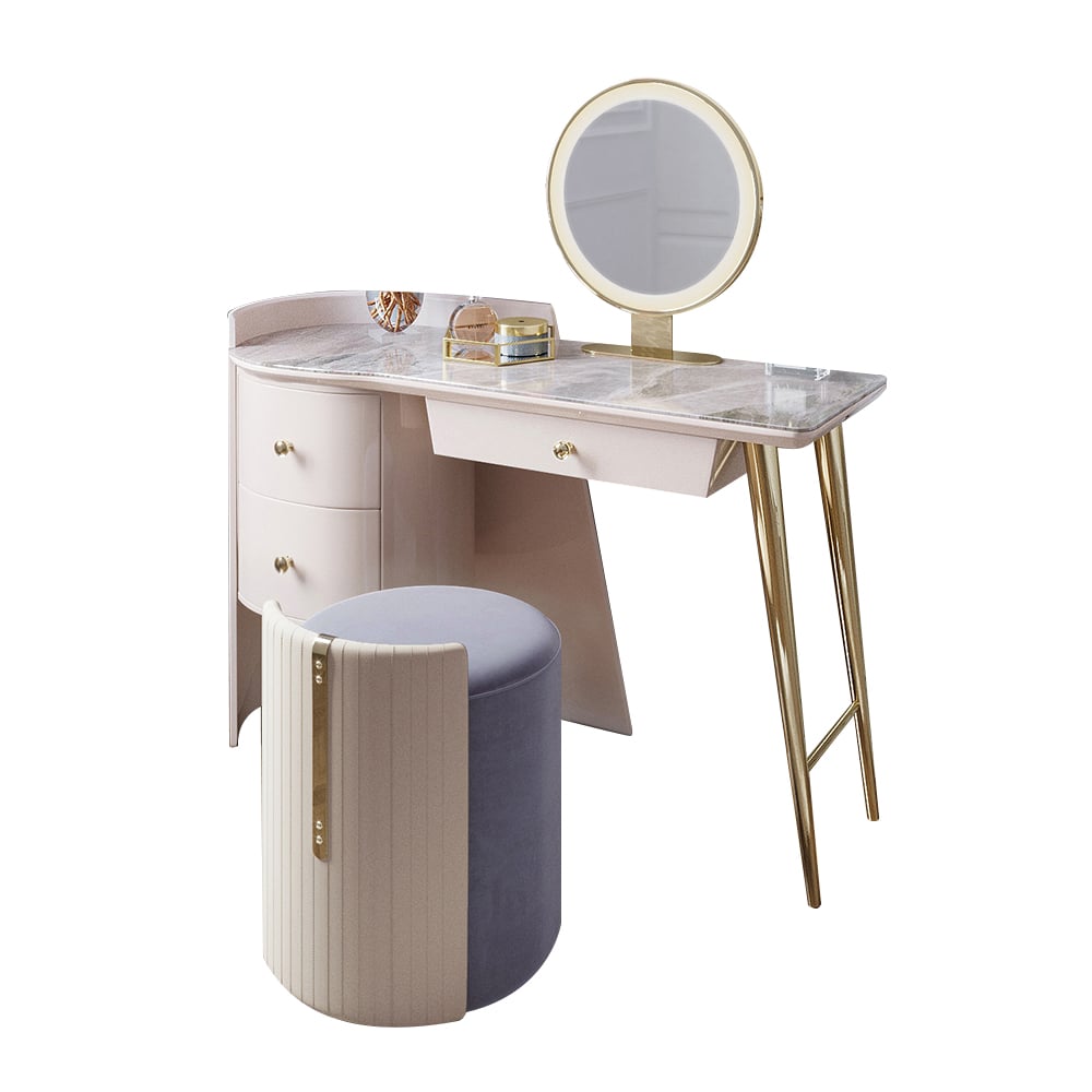 Modern Off-White Makeup Vanity Set Dressing Table with Drawers & Stool