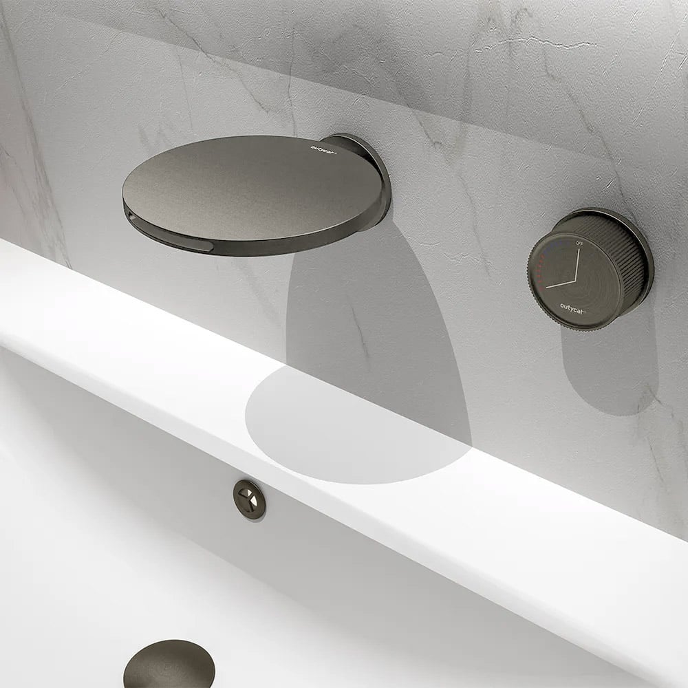 Roundie Wall-Mount Waterfall Spout 2-Hole Bathroom Basin Tap Solid Brass Gunmetal Grey window image