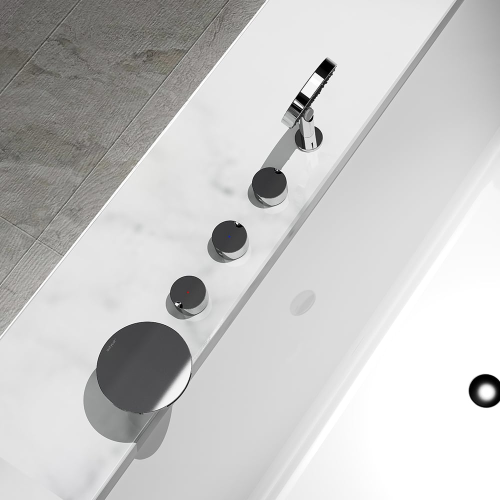 Roundie Waterfall Deck Mounted Roman Bathtub Faucet with Handshower Solid Brass window image