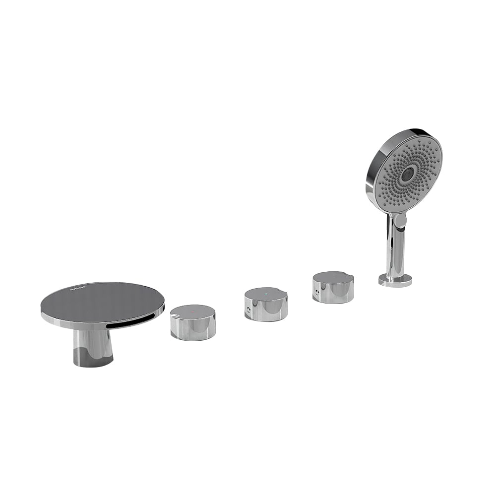 Roundie Waterfall Deck Mounted Roman Bathtub Faucet with Handshower Solid Brass window image