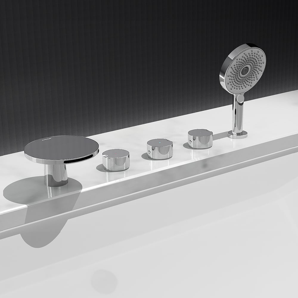 Roundie Waterfall Deck Mounted Roman Bathtub Faucet with Handshower Solid Brass window image