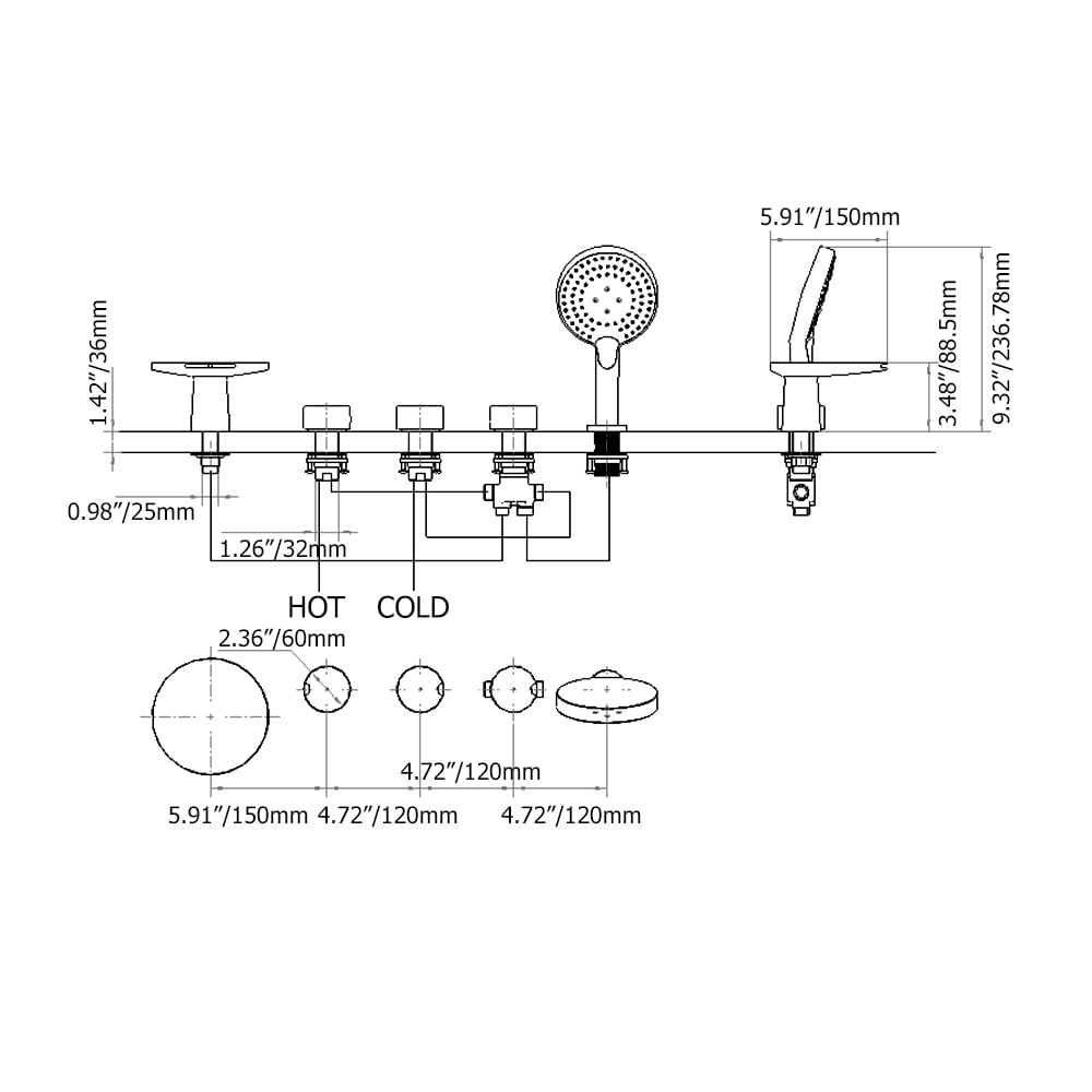 Waterfall Deck Mounted 5-Hole Bath Tap with Handshower Solid Brass weights dimensions image