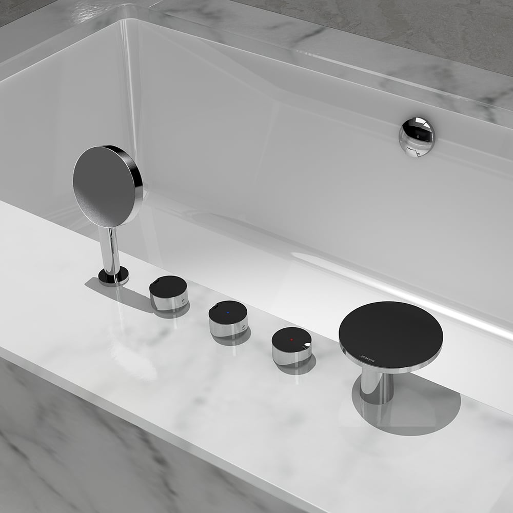 Roundie Waterfall Deck Mounted Roman Bathtub Faucet with Handshower Solid Brass window image