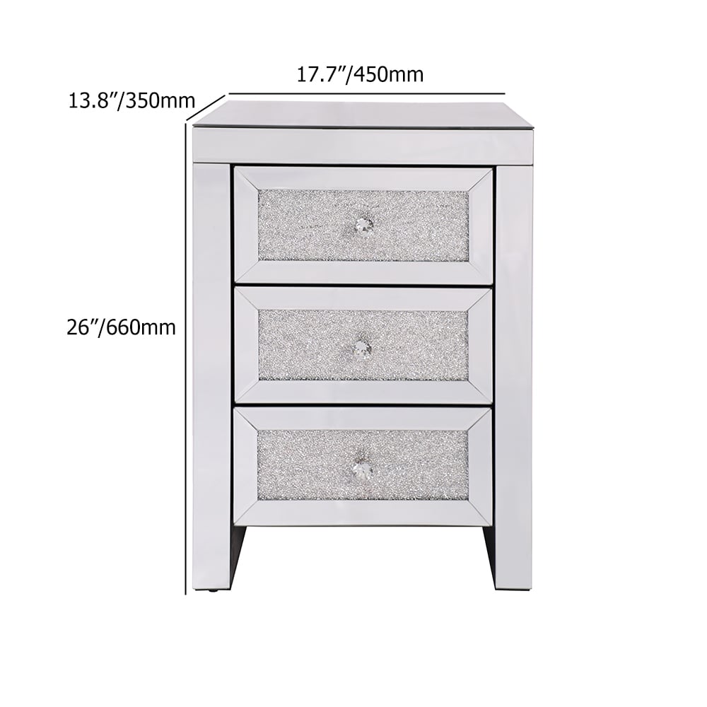 Moderner rechteckiger, verspiegelter Beistellschrank mit 3 Schubladen und Aufbewahrung in Silber Bild der Gewichte & Abmessungen